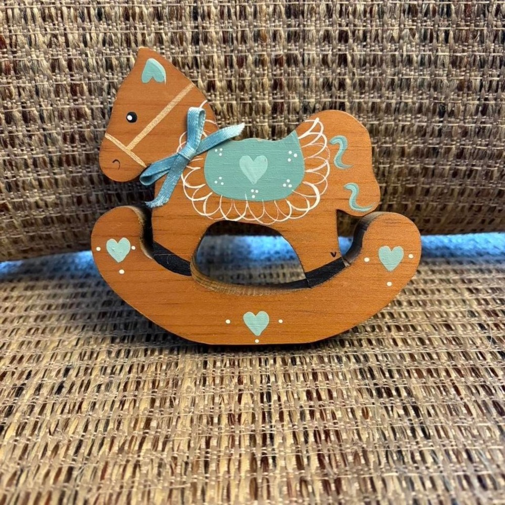 Vintage 90s cottage core wooden rocking horse painted